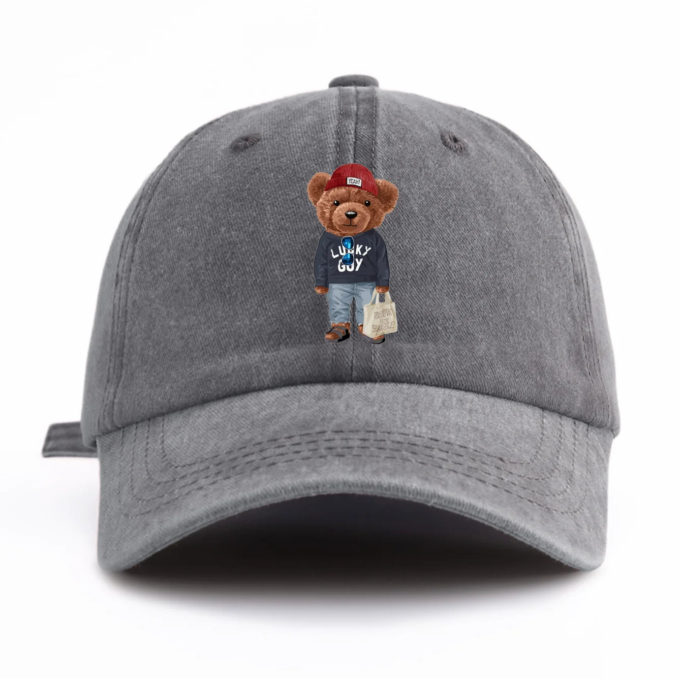 1pc Tote-bag Bear Print Washed Baseball Cap for Adults,  Minimalist Retro Style Casual Soft Adjustable Dad Hat, Perfect As Gift