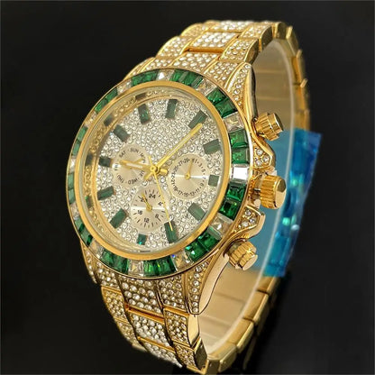 Hot Sell Luxury Green Iced Watch For Men Fashion Stainless steel Quartz Wristwatch Hip Hop Rainbow Diamond AAA Watches Man Reloj