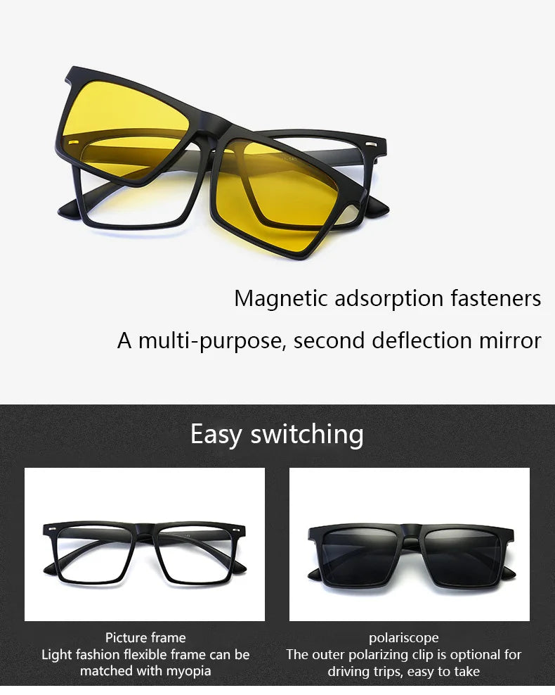 Ochelari de soare polarizați cu magnet pentru miopie, pentru femei și bărbați, ochelari cu clemă, ochelari optici pătrați, rame de ochelari 6 în 1 – de la -0,5 la -10