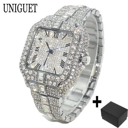 UNIGUET Fashion Diamond Watch for Men Luxury Waterproof Square Quartz Clocks Hip Hop Ice Out Jewelry Wristwatch Male Hot Sell