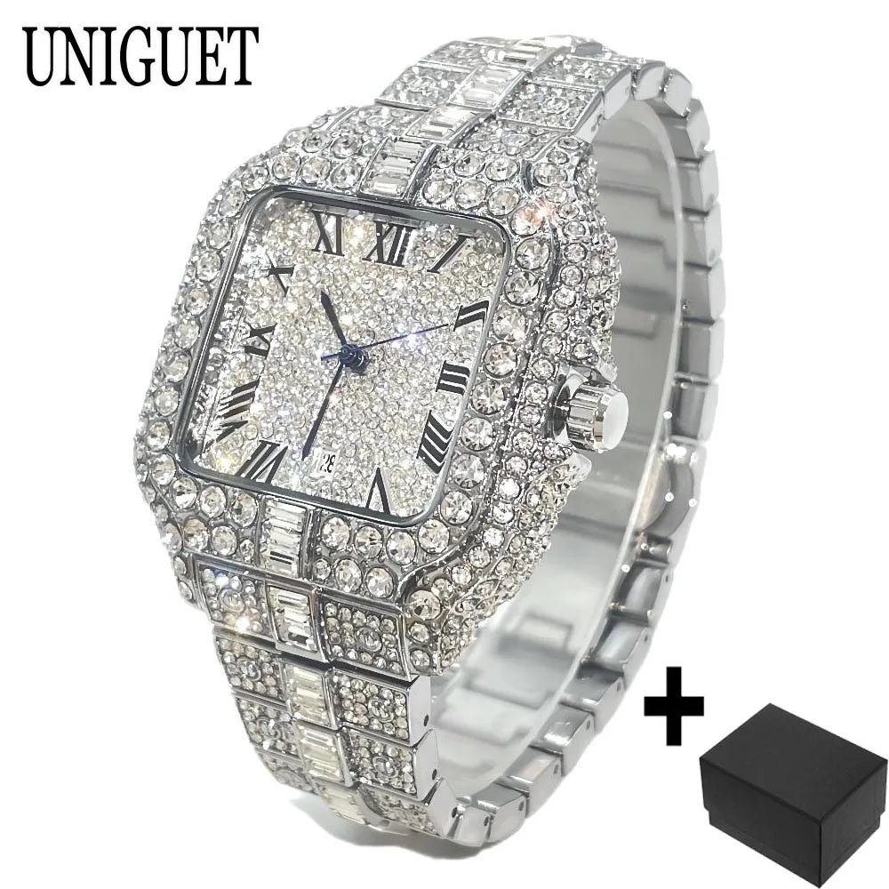 UNIGUET Fashion Diamond Watch for Men Luxury Waterproof Square Quartz Clocks Hip Hop Ice Out Jewelry Wristwatch Male Hot Sell