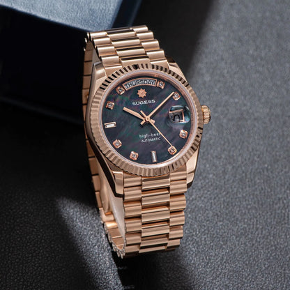 Sugess Watch of Men 36mm Date Automatic Retro Mechanical Wristwatches Sapphire Crystal RoseGold Dandong SL3034 Movement Day New