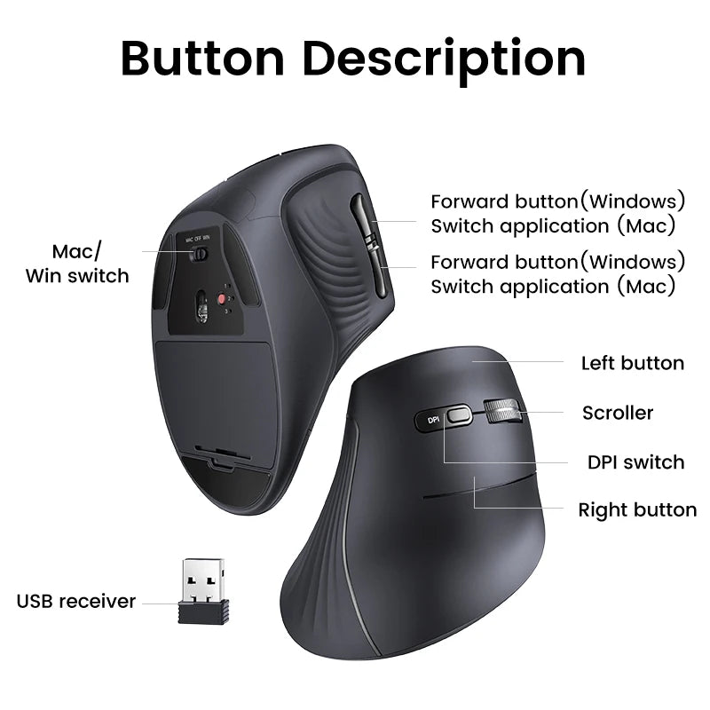 UGREEN Vertical Mouse Wireless Bluetooth 5.0 2.4G Ergonomic 4000DPI 6 Mute Buttons for MacBook Tablet Laptops Computer PC Mice