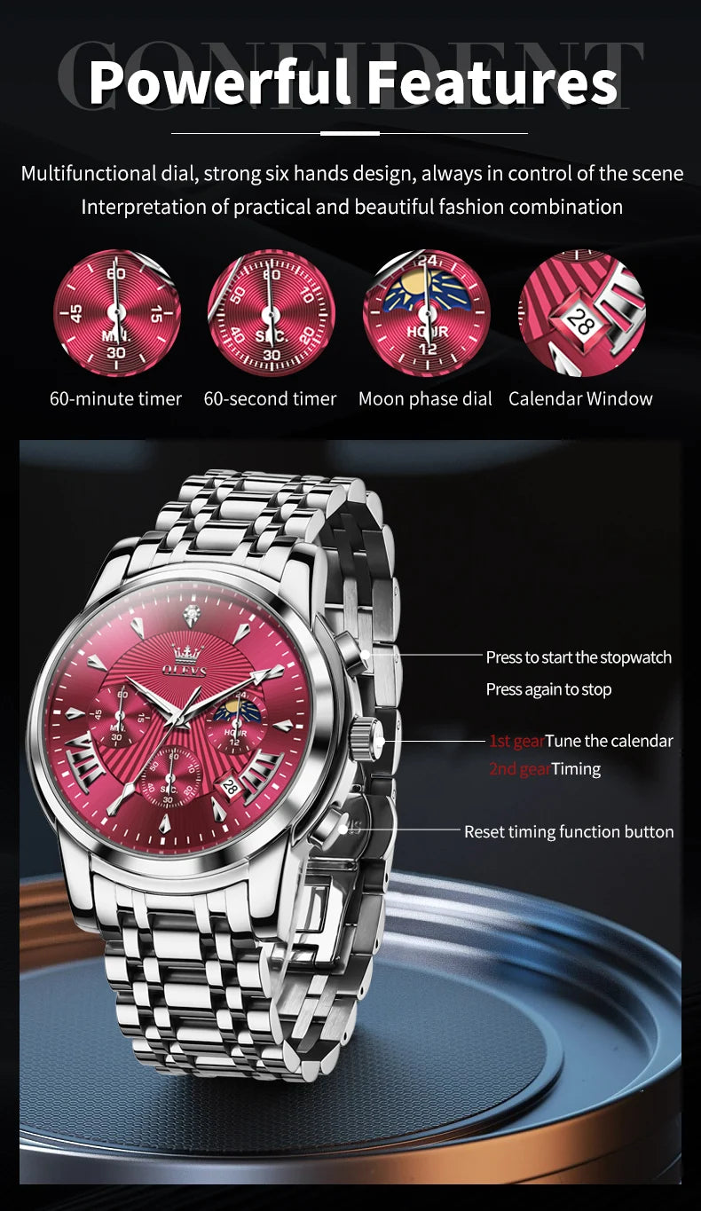 OLEVS Brand Fashion Red Watch for Men Luxury Sport Waterproof Stainless Steel Chronograph Quartz Watches Relogio Masculino