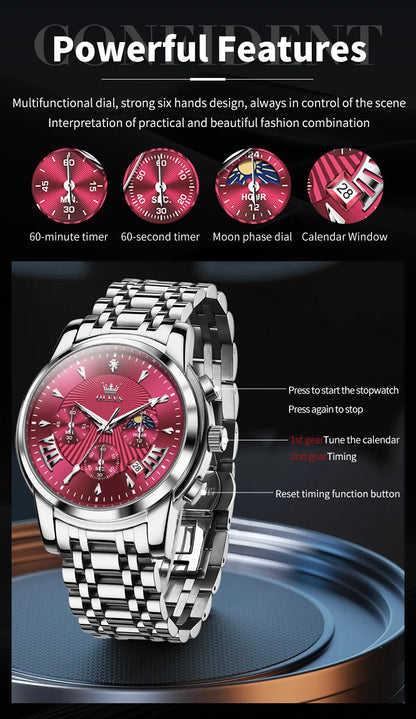 OLEVS Brand Fashion Red Watch for Men Luxury Sport Waterproof Stainless Steel Chronograph Quartz Watches Relogio Masculino