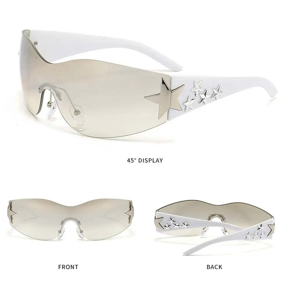 Rimless Y2K Sunglasses Women Men Punk Goggle Trendy Shield Sun Glasses UV400 3D Five Star Rhinestones Eyewear 2024