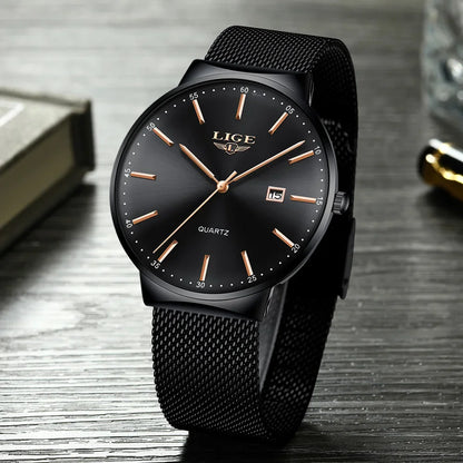 Relógio de homem LIGE, modelo elegante e luxuoso, ultrafino, estanque, com bracelete em malha, movimento de quartzo, indicação da data e calendário – ideal para um estilo profissional.