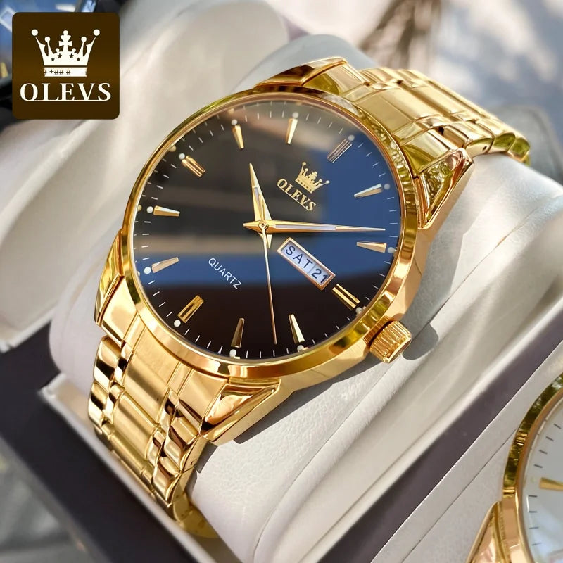 Reloj para hombre OLEVS: reloj de pulsera de cuarzo de acero inoxidable, resistente al agua, dorado, elegante y luminoso, accesorio de lujo para hombre