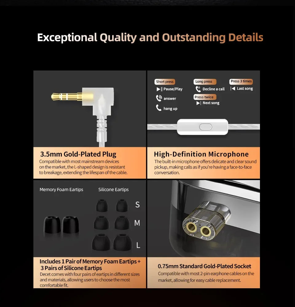 KZ Decet 5DD HiFi Wired In-Ear Earphones – Premium Dynamic Driver Earbuds with Detachable 2PIN Cable & Microphone
