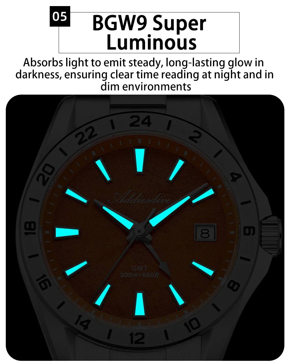 ADDIESDIVE Luxury Swiss Ronda GMT Watch 200M Water Resistant Dual Time Zone BGW9 Luminous 38mm Stainless Steel Quartz Movement