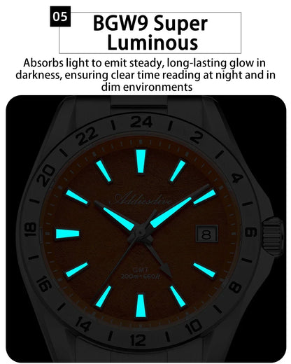ADDIESDIVE Luxury Swiss Ronda GMT Watch 200M Water Resistant Dual Time Zone BGW9 Luminous 38mm Stainless Steel Quartz Movement