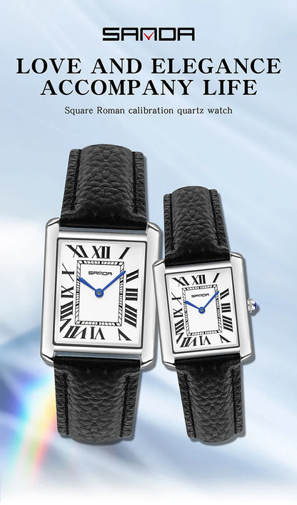 SANDA New Couple Tank Watches Wear Resistant Leather Strap Luxury Square Dial Waterproof Sports Casual Men Women Quartz Watches