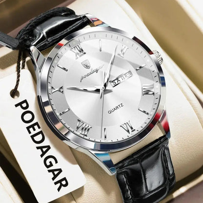 Trendige Herrenuhr von POEDAGAR, Lederarmband, Datums- und Wochentagsanzeige, luxuriöse Quarzuhr, wasserdicht, leuchtend, lässiger Business-Stil.