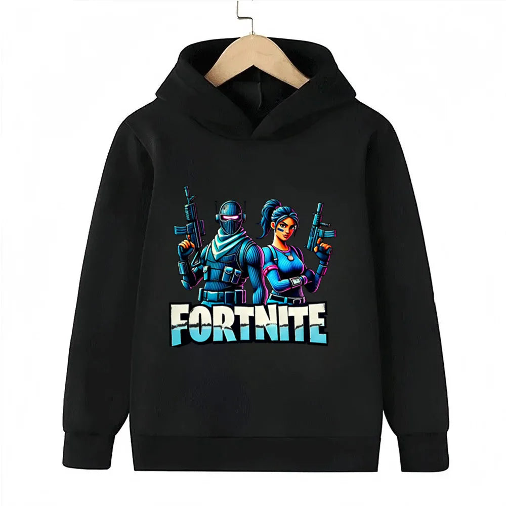 Sweats com capuz para criança com estampado do jogo Fortnite, conjunto cartoon confortável, tops largos de manga comprida, roupa de outono e inverno