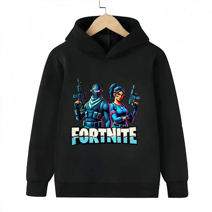 Sweats com capuz para criança com estampado do jogo Fortnite, conjunto cartoon confortável, tops largos de manga comprida, roupa de outono e inverno