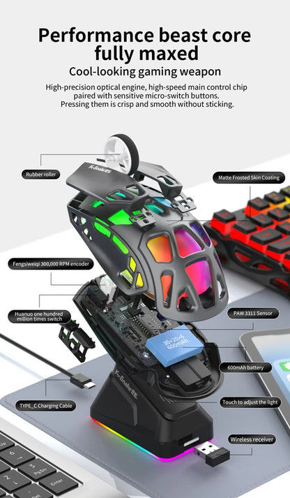 Лека геймърска мишка Lenovo Tri-Mode с RGB зарядна докинг станция 12000DPI 2.4G/Bluetooth/кабелна ергономична мишка за PC и лаптоп