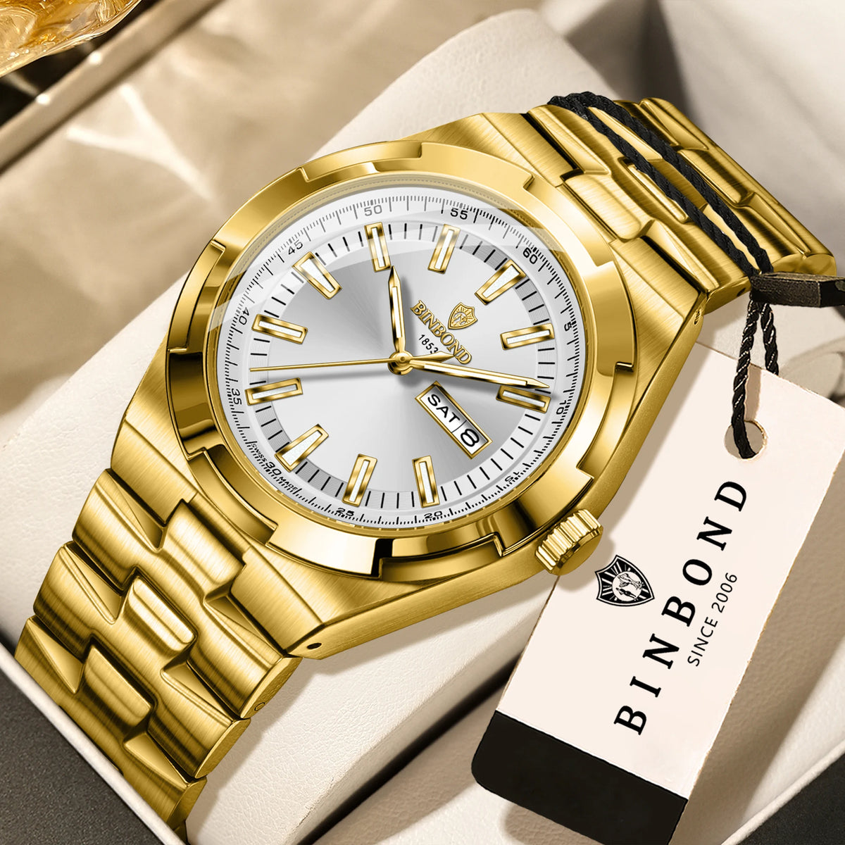 Relógios de quartzo BINBOND em aço inoxidável para homem – Relógio de luxo, estanque e luminescente – Modelo original para homem