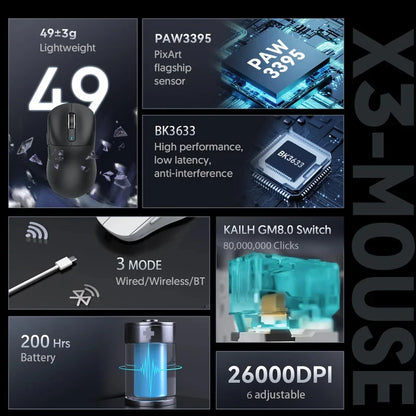 ATTACK SHARK X3 miš s tri načina rada 1K Hz, X3Pro Bluetooth bežični miš 4K Hz, lagan, PAW3395, brzina praćenja 650IPS