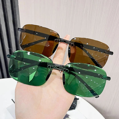 Ochelari de soare vintage, fără ramă, cu margini tăiate, ochelari de soare de designer, ochelari de soare de lux maro și verzi, UV400, pentru bărbați și femei