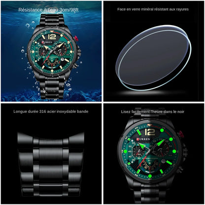 Relógio CURREN para Homem, Desportivo, de Quartzo, Cronógrafo, em Aço Inoxidável de Luxo, com Mostrador Luminoso