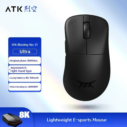 Rato Gaming Sem Fios ATK Z1 Pro Max Ultra com Pé Personalizado, PAW3950 Ultra Smart Speed Wireless, Taxa de Polling 8k e Baixa Latência de 0.39ms