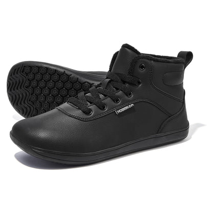 HOBIBEAR Unisex-Barfußschuhe für den Winter, Damen und Herren, breite Zehenkappe, mit Kunstfell gefüttert, Knöchel-Sneaker, Schnürschuhe aus Kunstleder