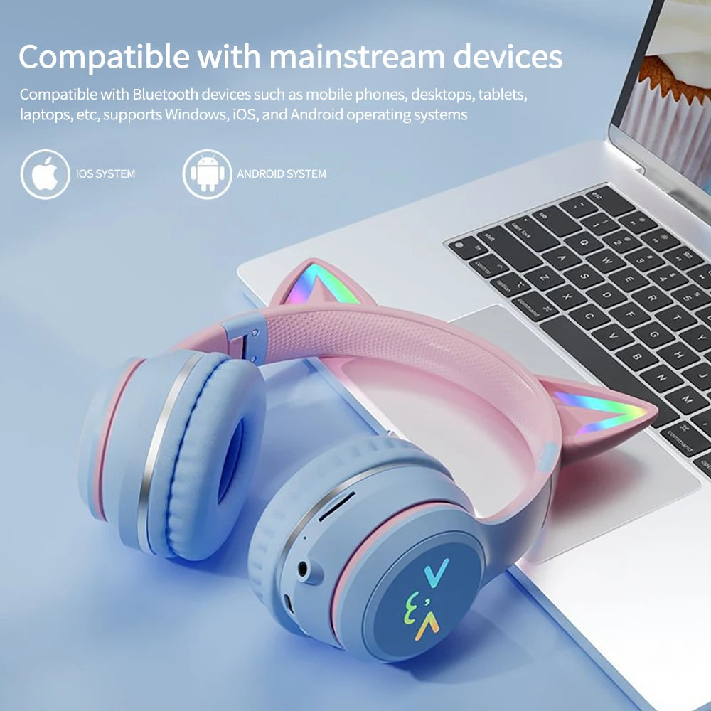 RGB Cat Ear Wireless Bluetooth Headphones for Kids & Girls – LED Light Stereo Gaming Headset with Microphone