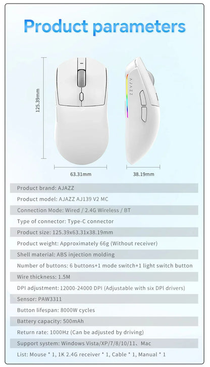AJAZZ AJ139 V2 MC/AJ139 PRO Wireless Gaming Mouse PAW3311/PAW3395 Sensor 12000DPI/26000DPI 500mAh Bluetooth Mouse Gamer For PC