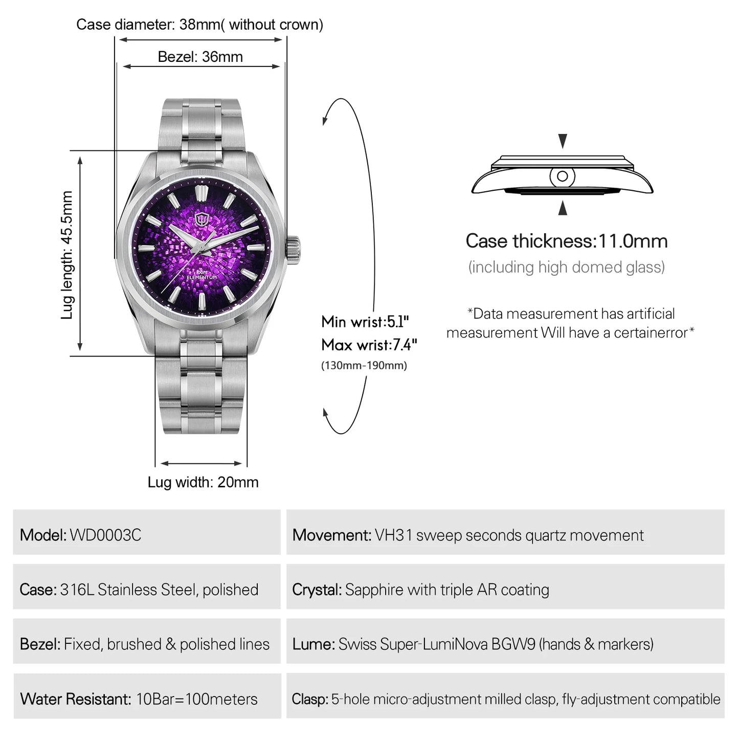 Watchdives WD0003C 38mm Watch VH31 Sweep Seconds Quartz Movement Stainless Steel Watch Elementum Original Design Men Wristwatch