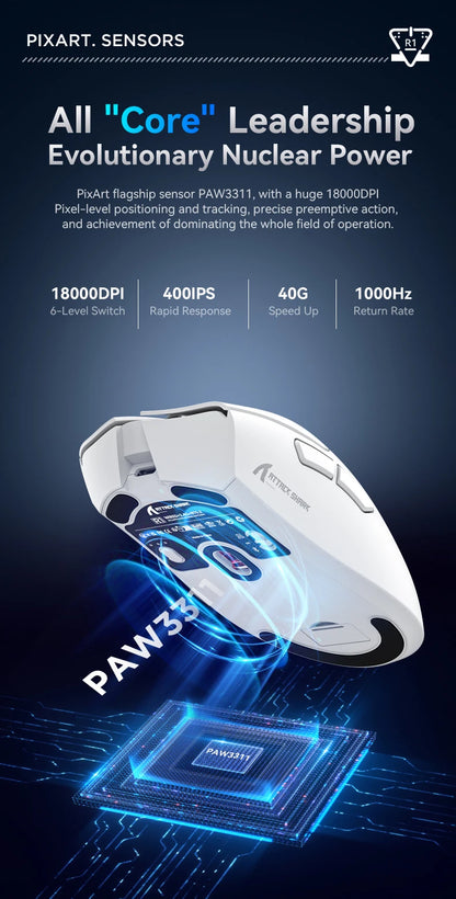 Attack Shark R1 bezdrátová Bluetooth herní myš, virální myš recenzovaná influencery, senzor PAW3311, frekvence odezvy 1000Hz