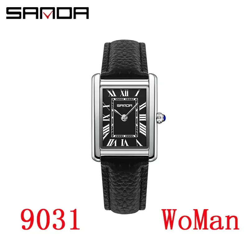 SANDA New Couple Tank Watches Wear Resistant Leather Strap Luxury Square Dial Waterproof Sports Casual Men Women Quartz Watches