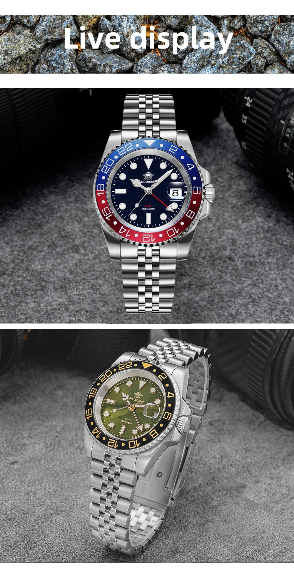 ADDIESDIVE Watch For Men Quartz GMT 20Bar Waterproof BGW9 Super Luminous 316L Stainless Steel Ceramic Bezel Watch