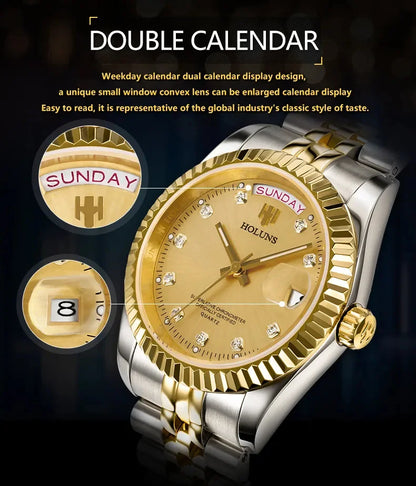 Holuns Luxury Classic 36/41mm Gold Men Watches Japan MIYOTA Quartz Movt Stainless Steel Classic Business Wristwatch Waterproof