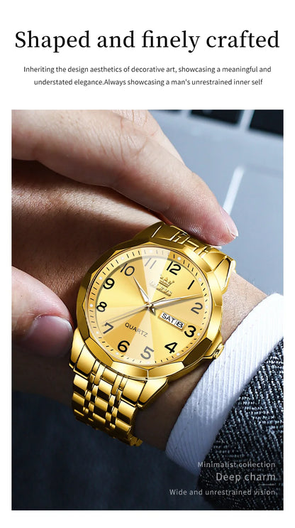 OLEVS 9970 Men Watch Original Brand Waterproof Luminous Quartz Watch Rhombus Mirror Stainless Steel Date-Day-Date Watch With Box