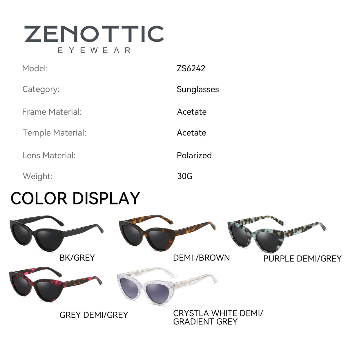 ZENOTTIC Ochelari de soare retro Cat Eye polarizați, realizați manual din acetat, cu protecție UV400, pentru femei