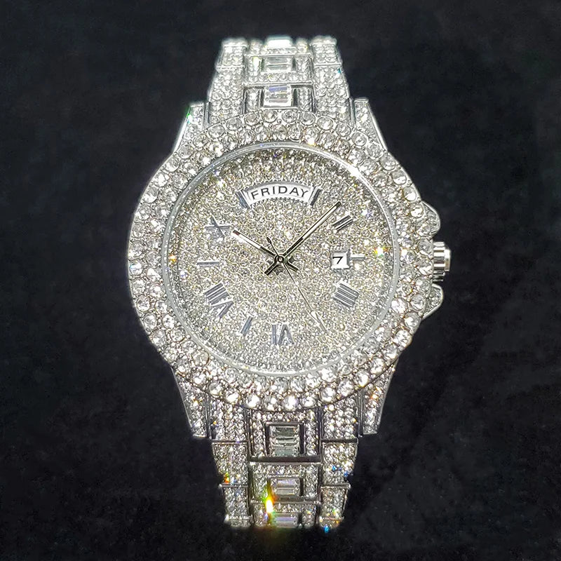 Luxury Diamond Watch for Men Fashion Bling Iced Out Day Date Watches Hip Hop Golden Stainless Steel Quartz Man Clock Hot Sale