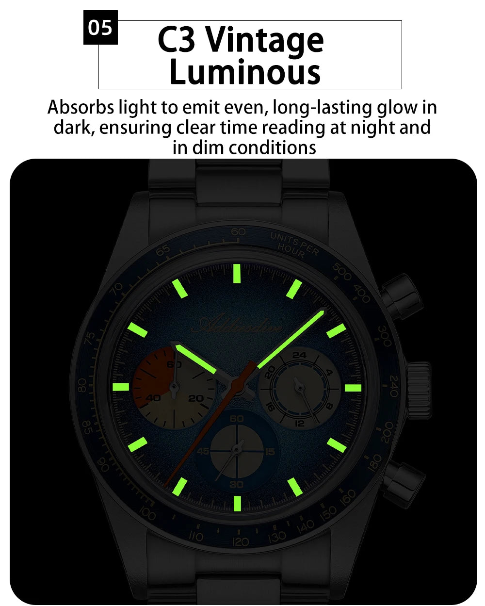 ADDIESDIVE Top Brand AD2551 Chronograph Watch C3 Super Luminous 316L Stainless Steel 10Bar Waterproof 0S20 Movement Men's Watch