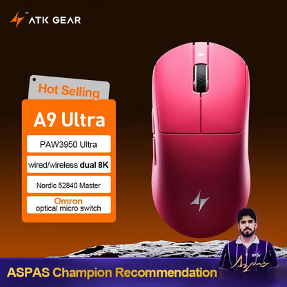 Mouse da gaming wireless ATK Dragonfly A9 Ultimate A9 Air PAW3950 ultraleggero ergonomico per e-sport FPS Gamer CSGO A9 Ultra