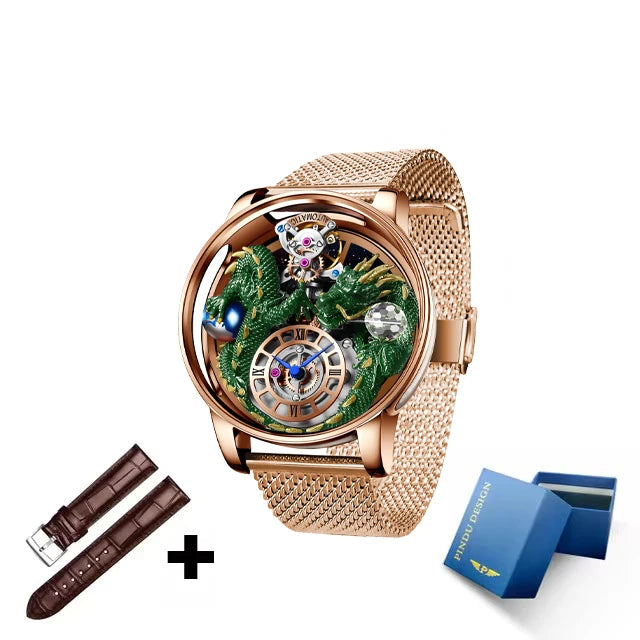 PINDU Fashion Roman Numeral Display Mineral Tempered Glass Material Quartz Movement 3ATM Waterproof Celestial Dragon Men's Watch