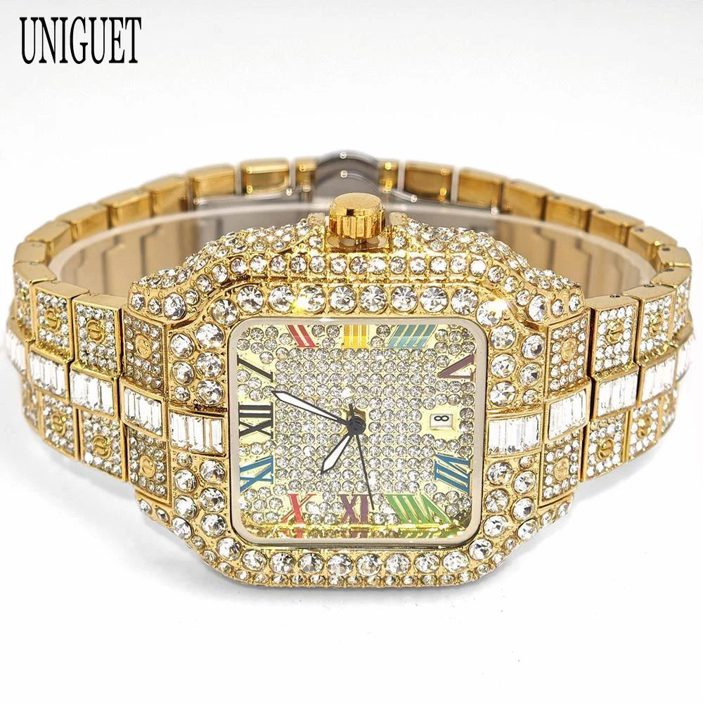 UNIGUET Fashion Diamond Watch for Men Luxury Waterproof Square Quartz Clocks Hip Hop Ice Out Jewelry Wristwatch Male Hot Sell
