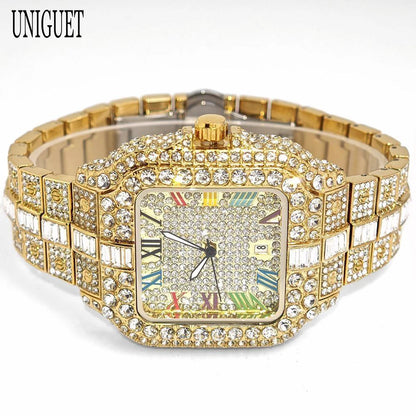 UNIGUET Fashion Diamond Watch for Men Luxury Waterproof Square Quartz Clocks Hip Hop Ice Out Jewelry Wristwatch Male Hot Sell