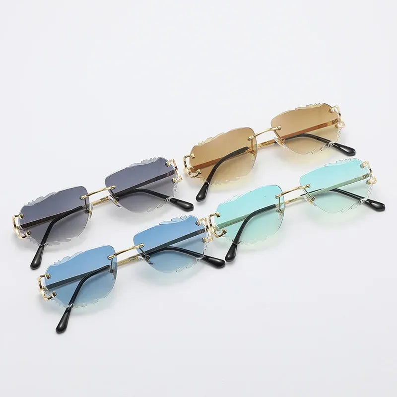 Ochelari de soare retro pentru femei, de marcă, de designer, fără ramă, ochelari de soare la modă, cu lentile tăiate neregulat, ochelari de vedere fără ramă pentru doamne