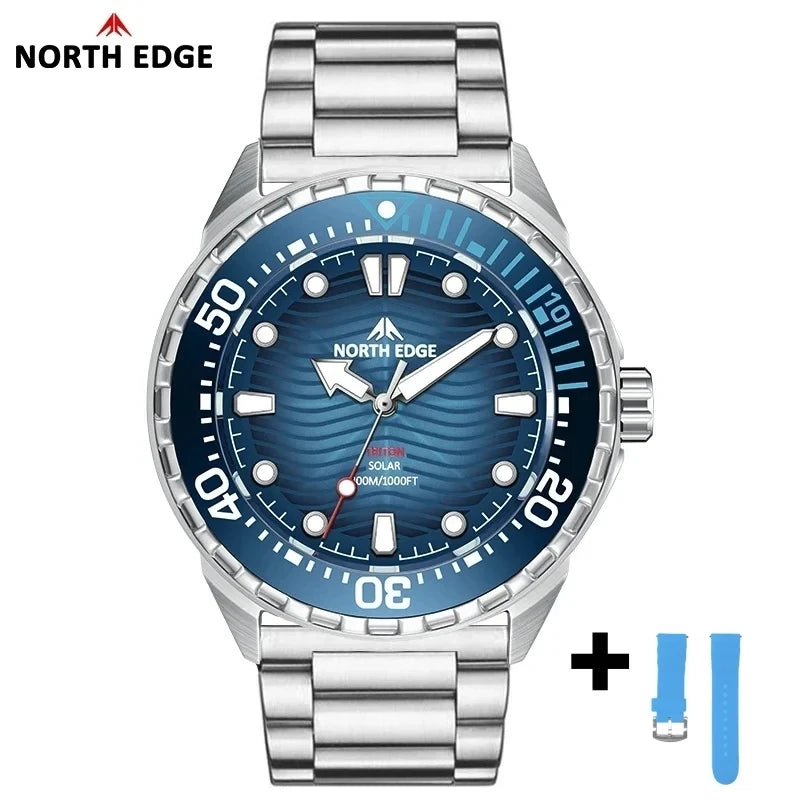 NORTH EDGE New TRITON Solar Powered Diving Watch for Man Luxury Quartz Wristwatches 316L Stainless Steel Case Waterproof 300M