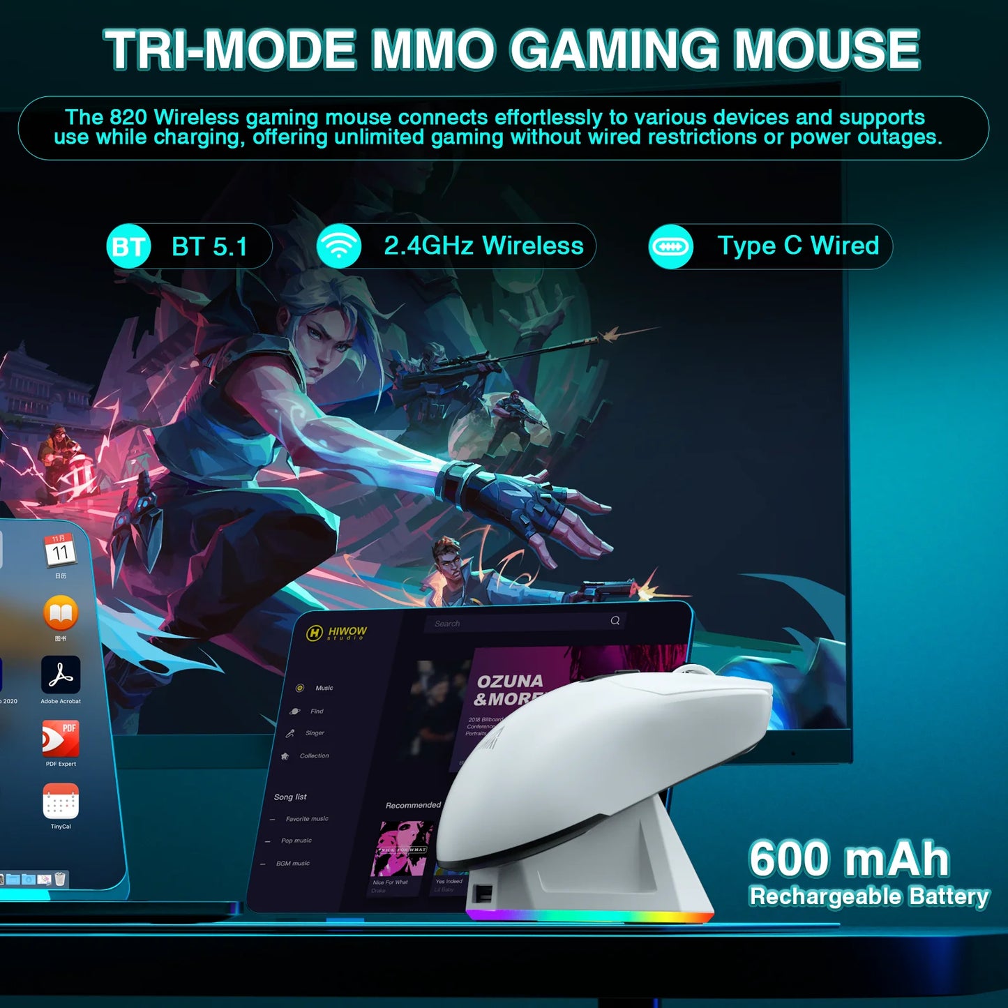 Solakaka SM820 Tri-Mode Wireless Mouse Magnetic Rechargeable Dock RGB PAW3311 24000DPI Wireless Macro Gaming Mouse Ultra-Light