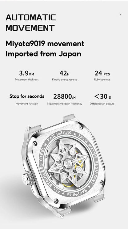 FARASUTE Automatic Mechanical Luxury Men's Watch Miyota9019 Movement Ultrathin 8.9mm Luminous 5ATM Waterproof Wristwatches Male