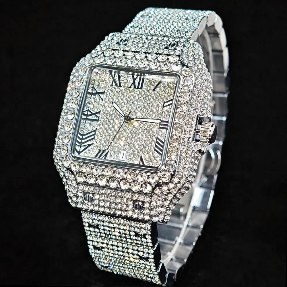 Hot UNIGUET Men's Square Watch Luxury Hip Hop Diamond Jewelry Waterproof Stainless Steel Quartz Wristwatch Fashion Man Accessory