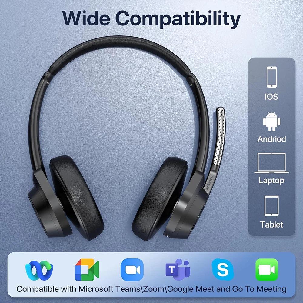 Bluetooth Headset, Wireless Bluetooth V5.4 Headphones with Microphone, Noise Canceling Mic Multipoint Connect Wireless Headset