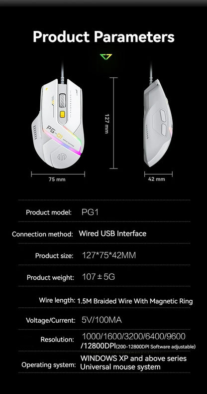 Inphic Pg1 Wired Gaming Mouse, RGB Light Emitting, Macro Programming, 12800 DPI, 6 Keys, Computer Mouse, 1000Hz Polling Rate