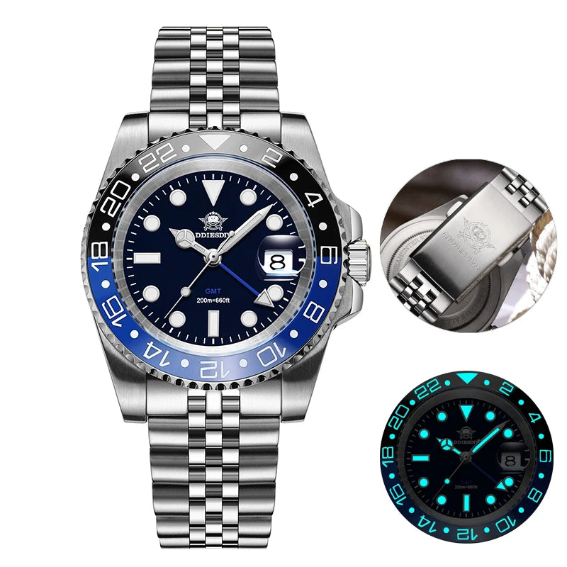 ADDIESDIVE Watch For Men Quartz GMT 20Bar Waterproof BGW9 Super Luminous 316L Stainless Steel Ceramic Bezel Watch