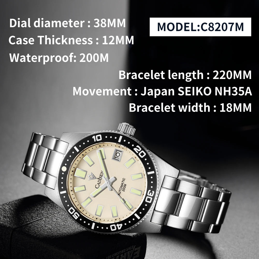 CADISEN New 38mm Diver Mens Watch Japan 8215 Automatic Mechanical Sapphire Glass Date Luminous 100M Waterproof Wrist watch Men